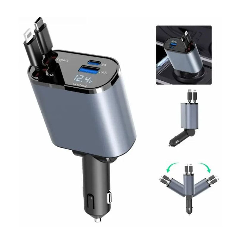 Chargeur de Voiture 4-en-1 Rétractable avec Charge Rapide USB