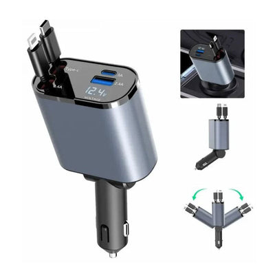 Chargeur de Voiture 4-en-1 Rétractable avec Charge Rapide USB