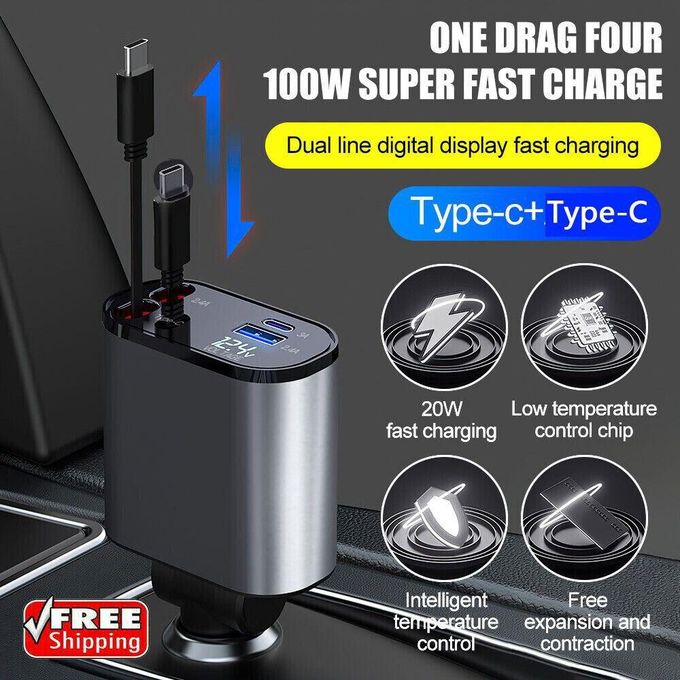 Chargeur de Voiture 4-en-1 Rétractable avec Charge Rapide USB