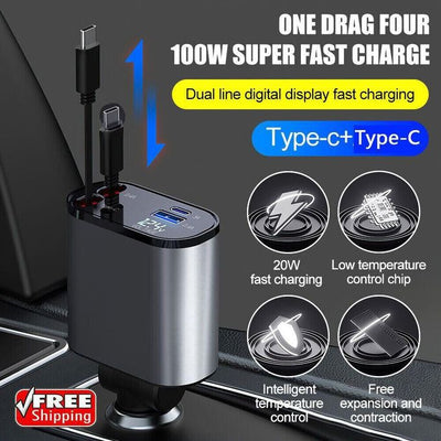 Chargeur de Voiture 4-en-1 Rétractable avec Charge Rapide USB