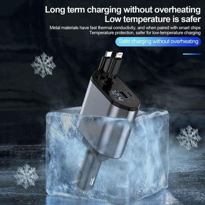 Chargeur de Voiture 4-en-1 Rétractable avec Charge Rapide USB