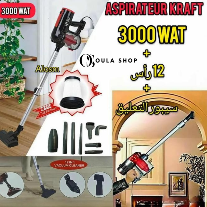 Aspirateur Kraft Line 12-en-1 – 3000W, Tube Aluminium & Filtre Cyclonique