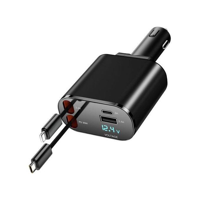 Chargeur de Voiture 4-en-1 Rétractable avec Charge Rapide USB