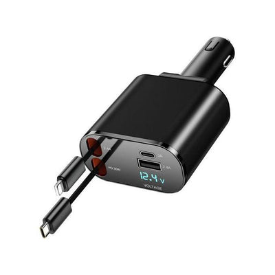 Chargeur de Voiture 4-en-1 Rétractable avec Charge Rapide USB