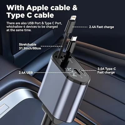 Chargeur de Voiture 4-en-1 Rétractable avec Charge Rapide USB