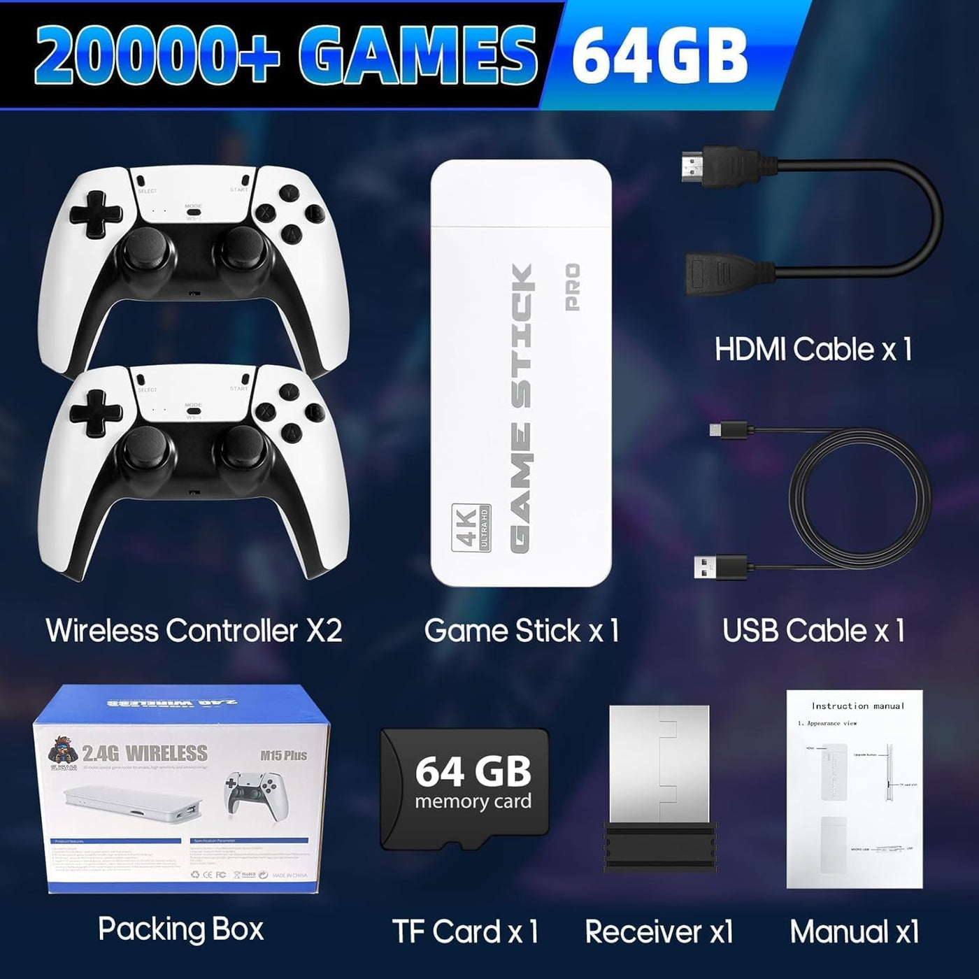 Console Rétro HDMI 4K avec 20 000+ Jeux & 2 Manettes Sans Fil