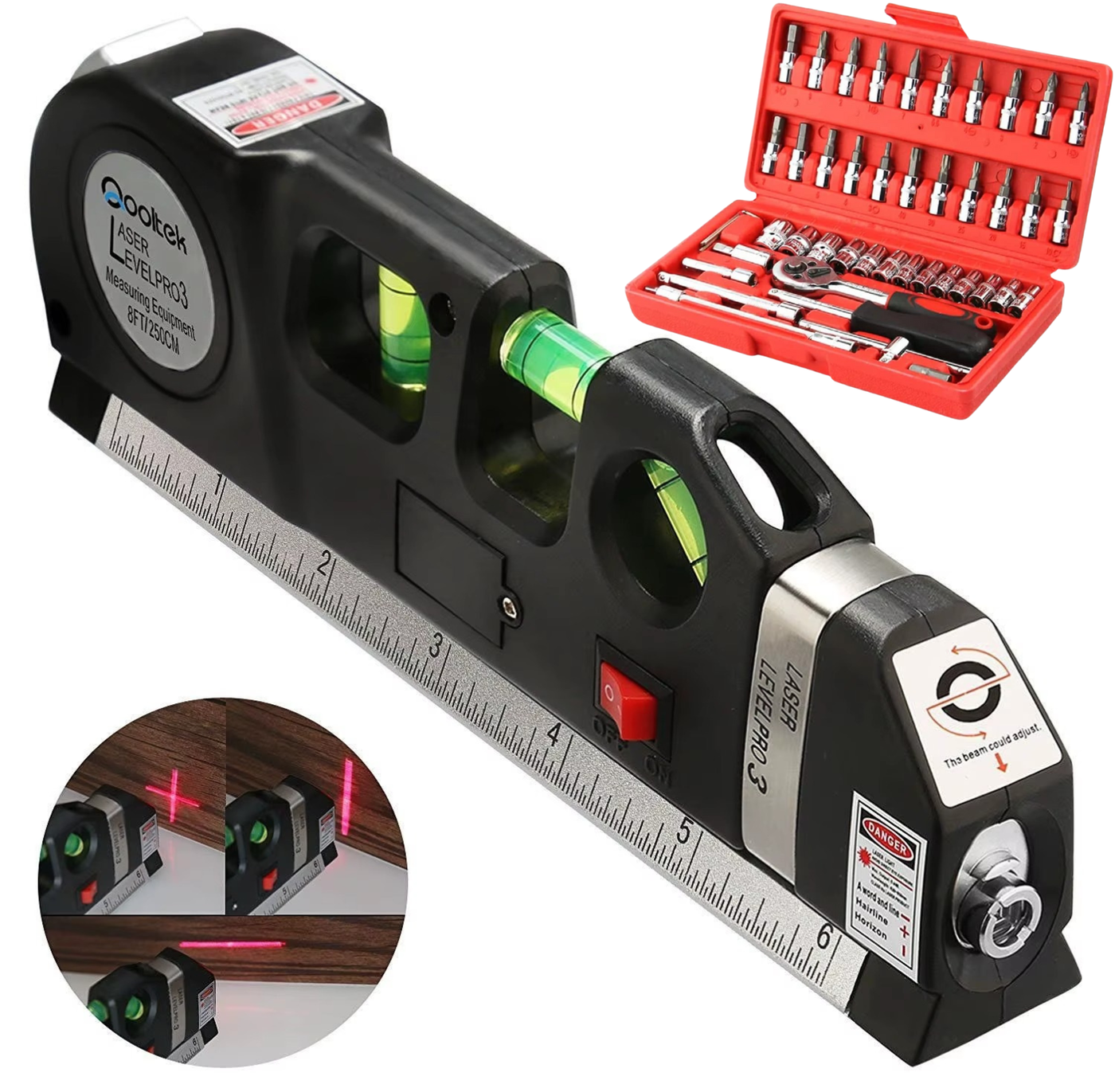 عرض مزدوج: ميزان ليزر متعدد الوظائف + علبة مفاتيح 46 قطعة