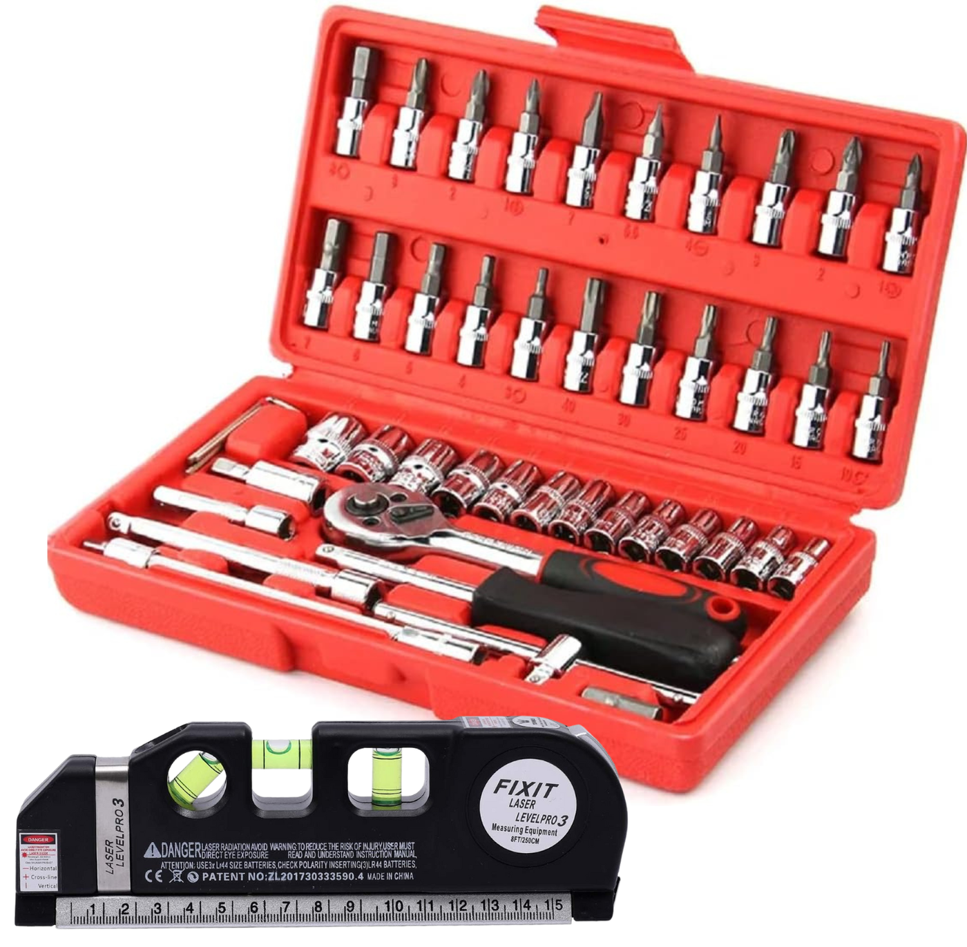 عرض مزدوج: ميزان ليزر متعدد الوظائف + علبة مفاتيح 46 قطعة